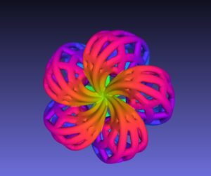 Voronoi toroidal knot designed using our Meshlab XML script, available for download on GitHub.