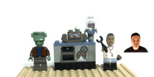 Lego Mad Scientist scene with Lego Compatible head we made of man pictured